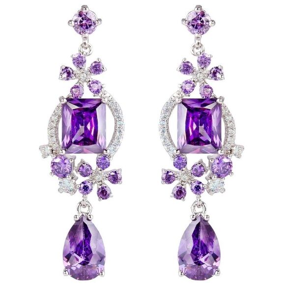Silver with Purple Amethyst and White Diamond CZ Floral Chandelier Post Earrings - Picture 1 of 6